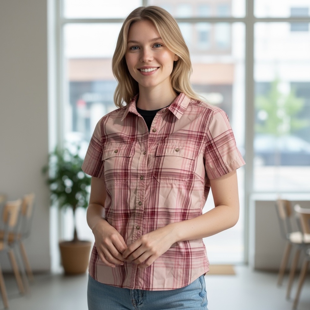 Eddie Bauer Women's Hiking Pink Plaid Button Down Shirt